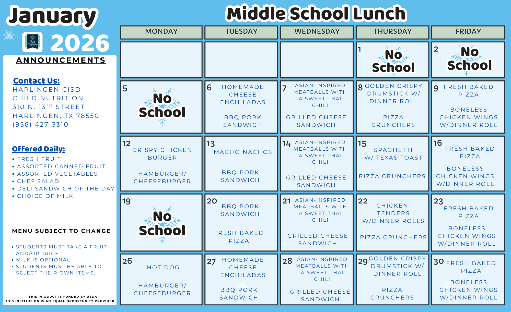 Middle School Updated Menu 12/9/25